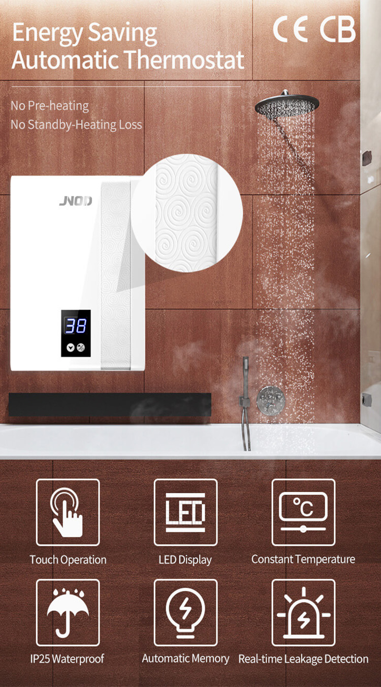 features of  a JNOD bathroom electric water heater with smart functions 01