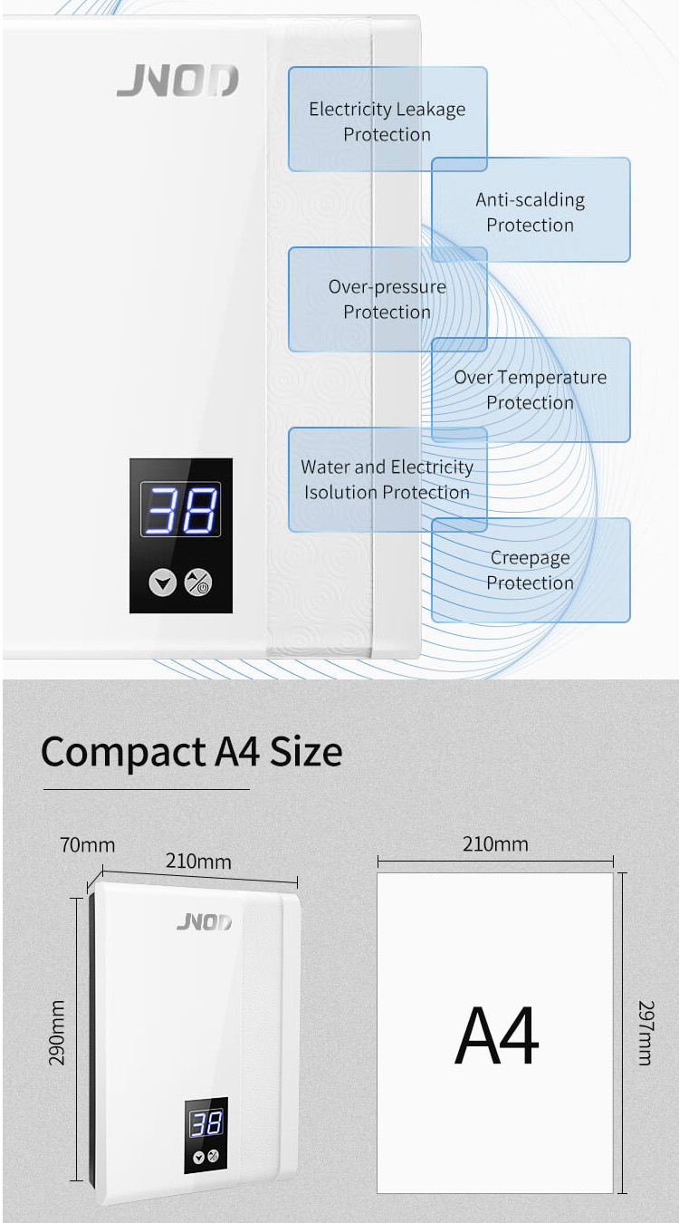 protective feature and compact design of  a JNOD bathroom electric water heater with smart functions 01