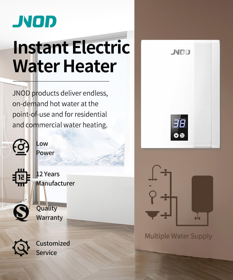 features of a white JNOD bathroom electric water heater with smart functions 01