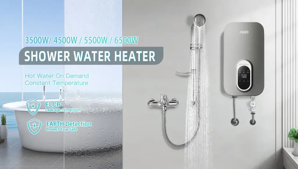 Современный безрезервуарный электрический водонагреватель JNOD установлен в роскошной ванной комнате для экономии места и высокой эффективности душа.
