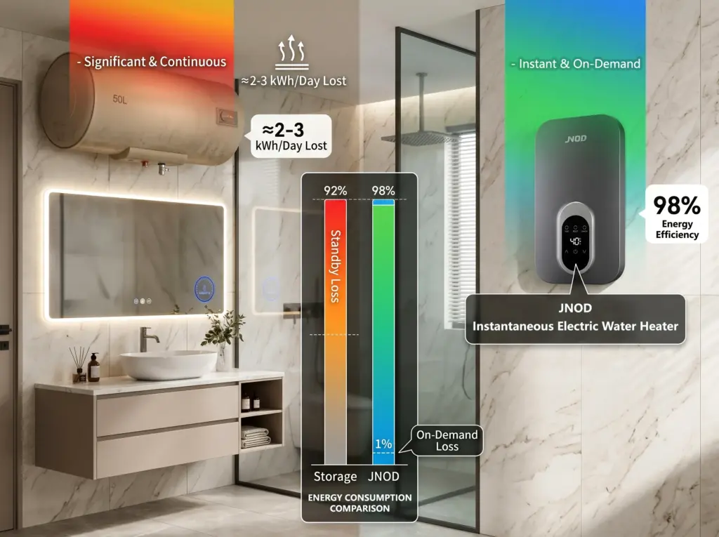 مخطط كفاءة الطاقة في سخان المياه بدون خزان JNOD مقابل سخان المياه بخزان التخزين