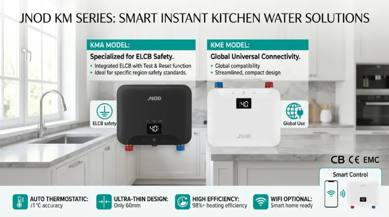 Internal components of JNOD instant electric water heater showing ELCB protection