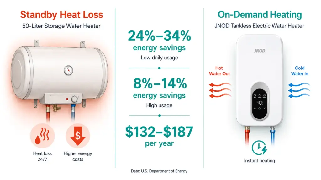 JNOD Tankless Electric Water Heater energy saving calculation for bathroom shower use