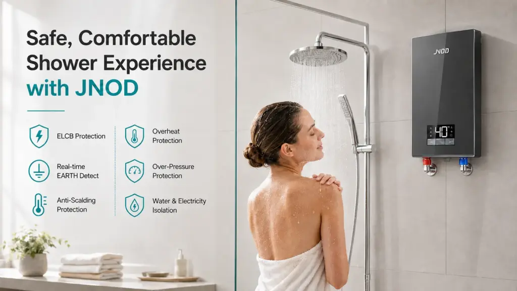 JNOD tankless electric water heater with ELCB safety protection for bathroom shower use